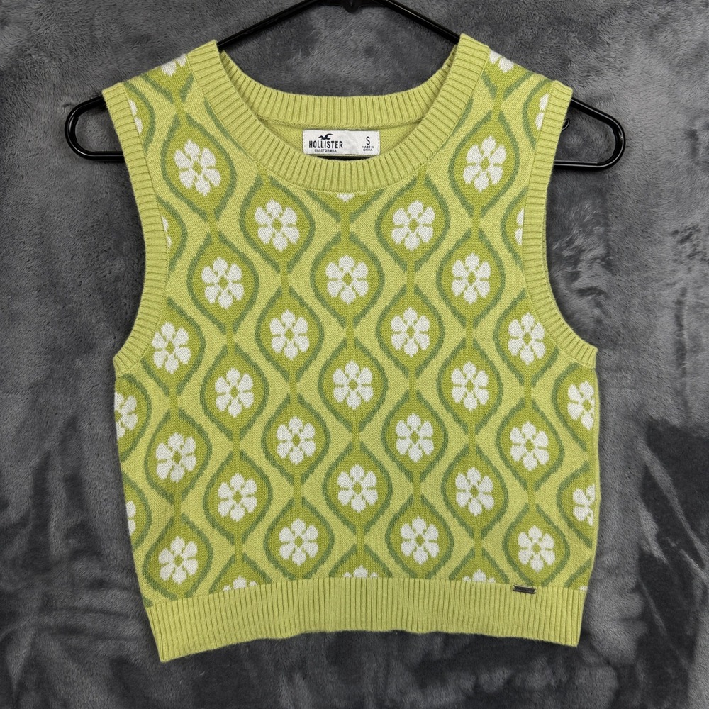 Hollister Sweater Vest Womens Small Green Floral Knit Retro Sleeveless Crop Top